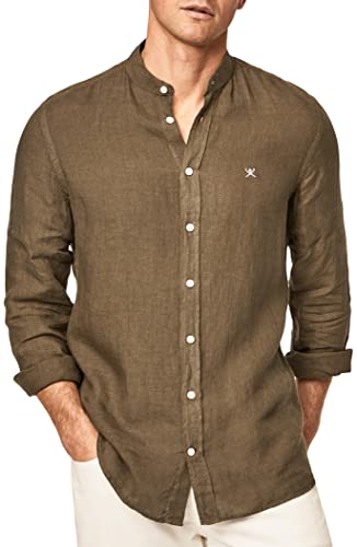 Hackett London Męska koszula barwiona lniana P, Oliwka, XS