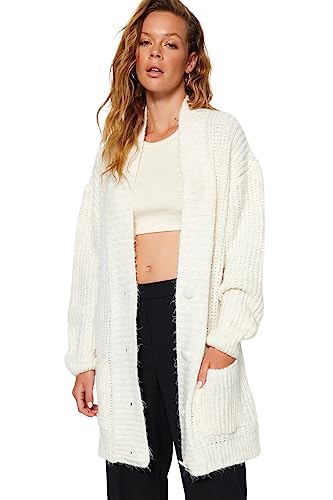 Trendyol FeMan Oversize Basic kardigan z dzianiny z dekoltem w serek, ecru, M, Ecru, M