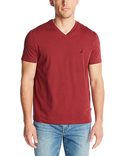 Nautica Męski T-shirt z krótkim rękawem Solid Fit z dekoltem w serek, Barolo., L