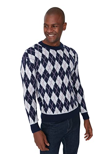 Trendyol Męska bluza z okrągłym dekoltem, w kratę, regularny sweter, granatowy, L