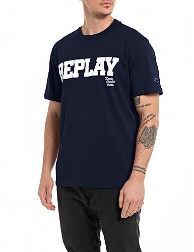 Replay Męski T-shirt krótki rękaw okrągły dekolt logo, niebieski (Midnight Blue. 576), XS, Midnight Blue. 576 cm, XS