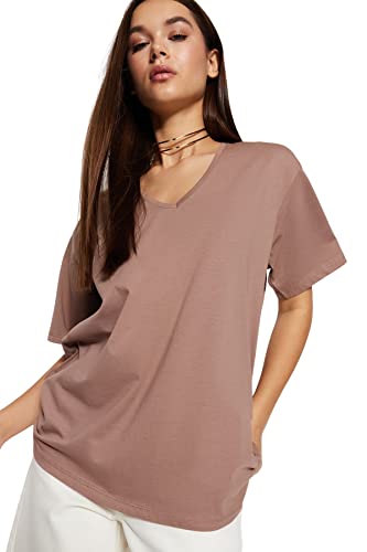 Trendyol Damska koszulka z dzianiny dla chłopaka z dekoltem w serek, Kolor norek, M