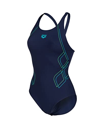 ARENA Damski kostium kąpielowy z wycięciem na plecach i graficznym jednoczęściowy, marynarski, 42, marynowy-martinik, 42