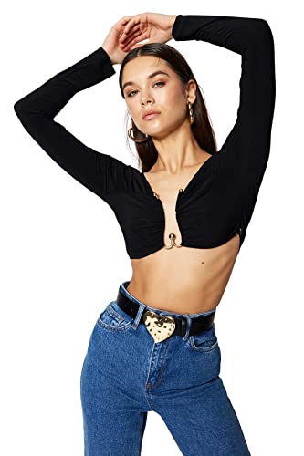 Trendyol Damska bluzka z dzianiny Glam z odkrytymi ramionami Carmen Collar, Czarny, 64