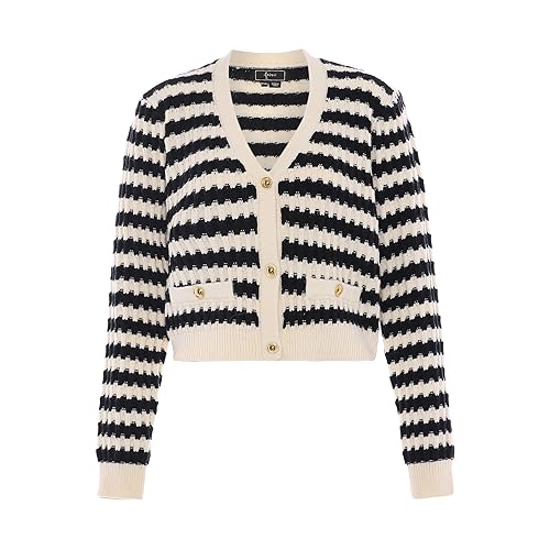 faina Damski kardigan w paski o małym zapachu z dekoltem w serek, wełniany, biały, wielokolorowy, rozmiar XL/XXL, wełniany biały czarny, XL