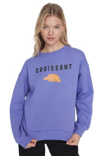 Trendyol Damska bluza z okrągłym dekoltem z hasłem, fioletowa, S, Fioletowy