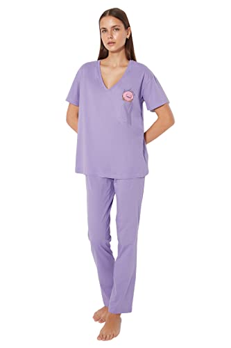 Trendyol Damska koszulka z dzianiny średniej z dzianiny zestaw piżamowy, liliowy, XS, liliowy, XS