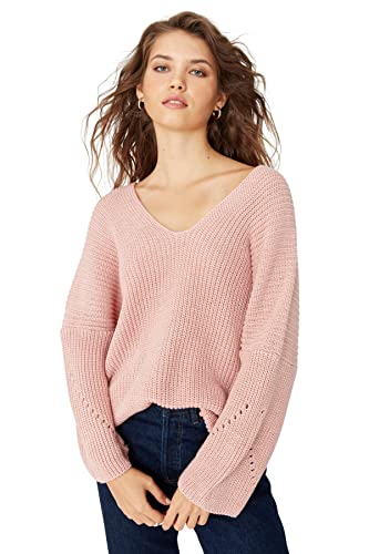 Trendyol Damska bluza z dekoltem w serek, jednokolorowa, oversize, kolor łososiowy, S, Kolor łososia
