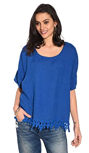 Bonateks damska top 100% lniana tunika Made in Italy, okrągły dekolt z falbanką i koronką, królewski niebieski, rozmiar: XL, Niebieski Roy, XL