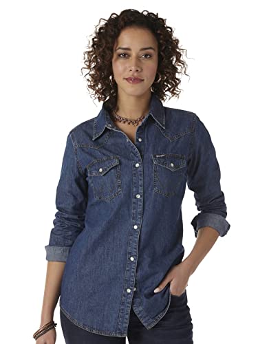 Wrangler Damska koszula dżinsowa z długim rękawem Western, Ciemny denim, L