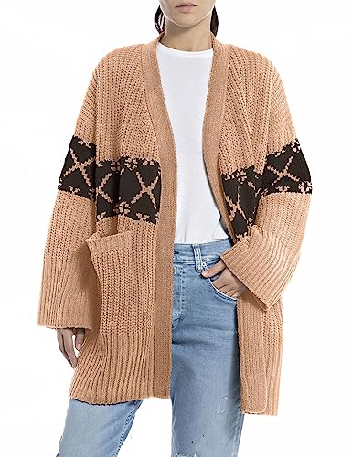 Replay Damska kurtka z dzianiny oversize, 020 Jacquard Desert/Deep Brown, XS