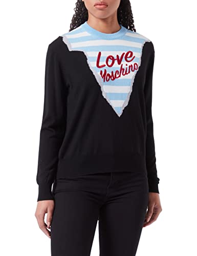 Love Moschino Damski sweter o regularnym kroju z długim rękawem i wzorem w paski, styl górski, styl Intarsia i Love Embroidery, czarny, 40