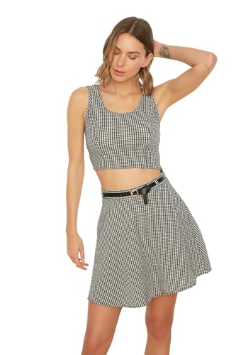 Trendyol Women's Schwarze Plaid Gofre tkana bluzka roślinna Blouse, czarna, 40