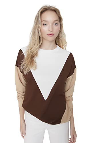 Trendyol Damska bluza z okrągłym dekoltem w bloki kolorystyczne, Brązowy, XS