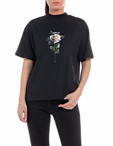 Replay Damska koszulka z krótkim rękawem z nadrukiem róż, 098 BLACK, M