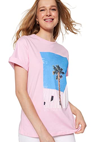 Trendyol Damska koszulka oversize basic z okrągłym dekoltem, różowy, M