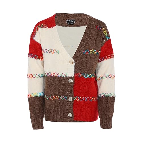 Fenia Damski sweter jednorzędowy z dekoltem w serek i kolorową dzianiną, wielokolorowy, rozmiar XL/XXL, wielokolorowa, XL