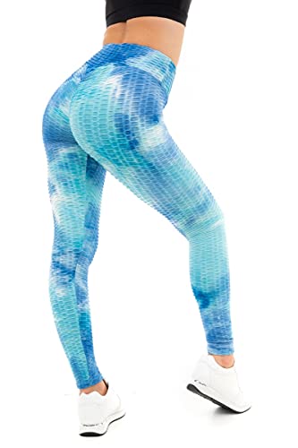 M17 Damskie damskie legginsy Tie Dye Gofr bez szwu antycellulitowy wysoki stan łupka rozciągliwe siłownia spodnie do jogi, NIEBIESKI, L