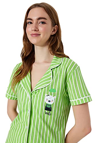 Trendyol Damska koszula z dzianiny w paski - spodnie zestaw piżamowy, zielony, M, ZIELONY, M