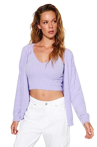 Trendyol FeMan Oversize Basic kardigan z dzianiny z dekoltem w serek, liliowy, S, liliowy, S