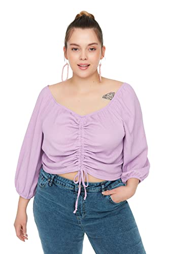 Trendyol Damska krótka sukienka z okrągłym dekoltem dzianinowa bluzka plus size, lilia, 5XL (Duże Rozmiary)