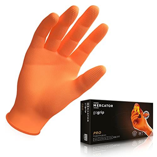 Rękawice nitrylowe MERCATOR GoGrip Orange, jednorazowe, bezpudrowe, rozmiar: M - 50 sztuk, bez lateksu 2x grubsze rękawice nitrylowe, faktura diamentowa