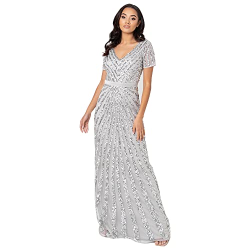 Maya Deluxe Damska sukienka maxi Maya z krótkim rękawem w paski zdobiona sukienka maxi dla druhny, szara, 24