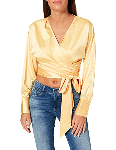NEON COCO Long Sleeve Satin Jedwabny Wrap Cropped Blouse Koszulka damska, Żółty (Yellow C18), S