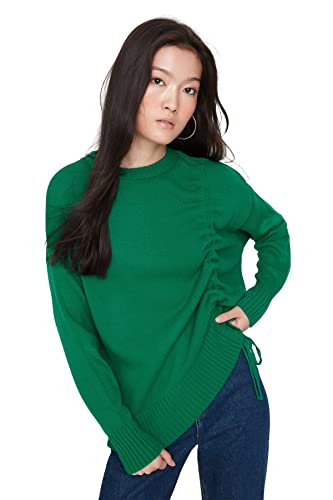 Trendyol Damska bluza z okrągłym dekoltem, jednolity kolor, zielona, L, ZIELONY