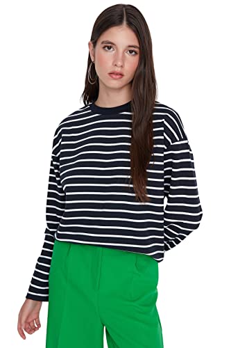 Trendyol Damska bluza oversize Basic z okrągłym dekoltem, granatowa, S, granatowy, S