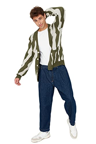 Trendyol Męski kołnierz z klapą Colorblock Oversize kardigan, khaki, M, Khaki, M