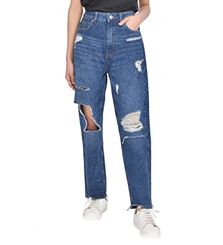 M17 Damskie jeansy damskie z podarte obszycie z rozcięciem dla mamy dżinsy z wysokim stanem klasyczne bawełniane spodnie na co dzień z kieszeniami, Ciemnoniebieski (Dark Wash Blue), 38