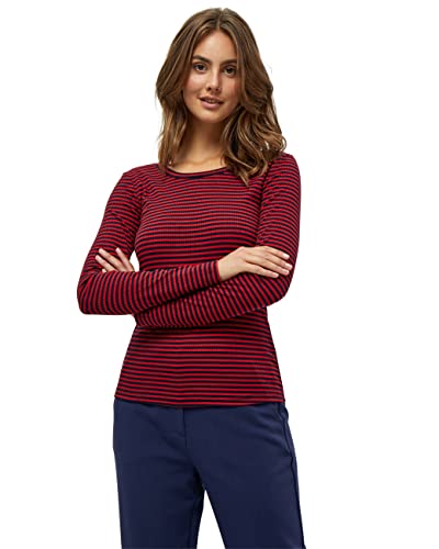 Peppercorn Damski długi rękaw Lucca prążkowany okrągły dekolt, prawdziwy czerwony pasek, XS, Prawdziwy czerwony pasek, XS