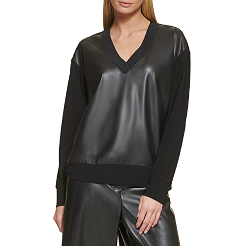 DKNY Damska bluza z dekoltem w serek ze sztucznej skóry z przodu, czarny, XL