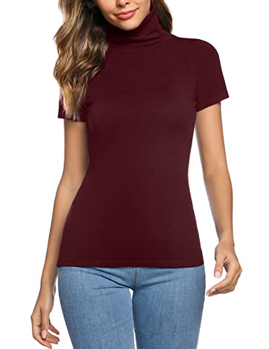 Irevial Damski T-shirt elegancki Basic Slim Fit Top dla kobiet z krótkim rękawem ze stójką, czerwony (Weinrot), S