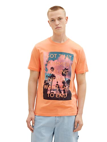 TOM TAILOR Denim Męski t-shirt z letnim nadrukiem, 28420 - Cadmium Bright Orange, XXL