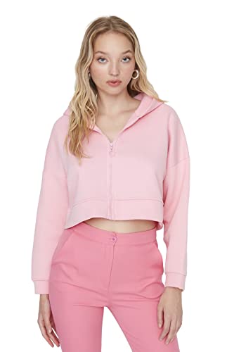 Trendyol Damska bluza z kapturem, jednokolorowa, dopasowana, Jasnoróżowy, L