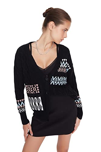 Trendyol Damski standardowy standardowy kardigan z dzianiny z dekoltem w serek, Czarny, S