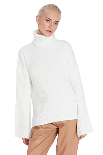 Trendyol Damska bluza z golfem, jednokolorowa, oversize, Ecru, M, Ecru
