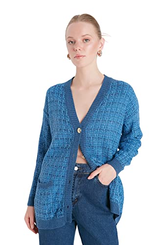 Trendyol Damski kardigan oversize standardowy dekolt w serek dzianinowy kardigan niebieski, NIEBIESKI, S