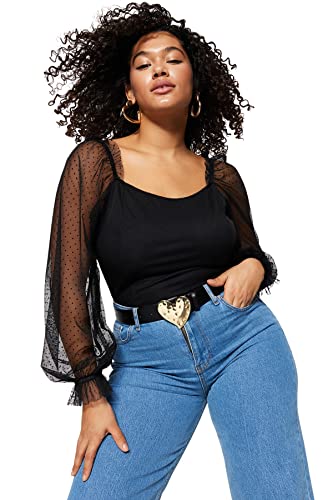 Trendyol Damska bluzka o regularnym kroju o linii A z kwadratowym kołnierzem plus size, czarna, 44, Czarny, 70