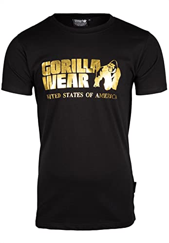 Gorilla Wear Klasyczny T-shirt – czarny – klasyczny top z logo do uprawiania sportu, na co dzień, trening, bieganie, jogging, wygodny, normalny krój, lekki, z bawełny, swoboda ruchów, duży
