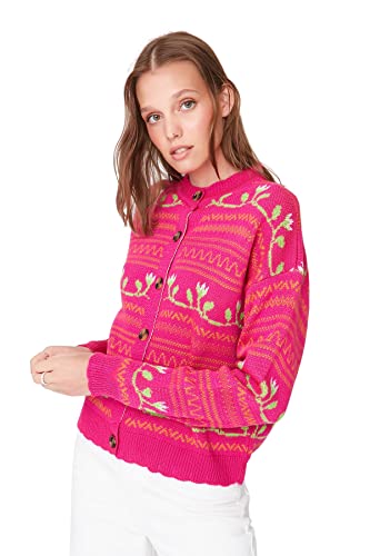 Trendyol Damski kardigan z dzianiny oversize z okrągłym dekoltem, różowy, S