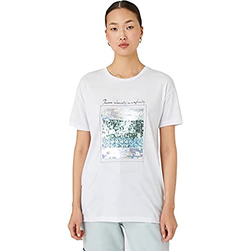 Koton Damska koszulka z okrągłym dekoltem i nadrukiem z cekinami, Off White (001), XL