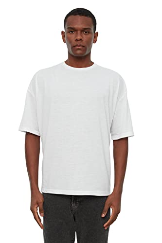 TRENDYOL Męski t-shirt oversized basic, okrągły dekolt, dzianina, biały, S