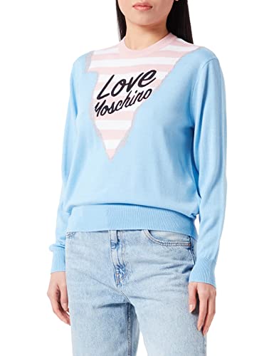 Love Moschino Damski sweter o regularnym kroju z długim rękawem i wzorem w paski, styl górski, styl Intarsia i Love Embroidery, jasnoniebieski, 38