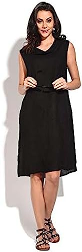 Bonateks, Sukienka średniej długości z marszczonym okrągłym kołnierzem, 100% len, rozmiar DE:36 Rozmiar US:S, czarna - wyprodukowano we Włoszech, czarny, 36