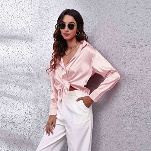Clotth Damska koszula z długim rękawem z satynowego jedwabiu Button Down Shirt, różowy XL, XL