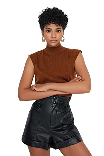 TRENDYOL Damska kamizelka z golfem, jednokolorowa, regularna, dzianinowa, brązowy, S