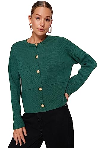 Trendyol Damen Regular Fit Basic Crew Neck Dzianina kardigan, zielony, M, ZIELONY, M